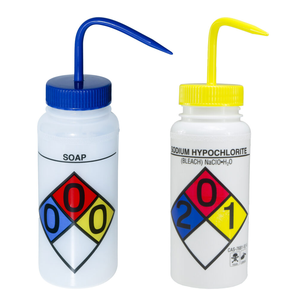 Soap & Bleach Wash Bottles – Wide-Mouth, Safety-Labeled