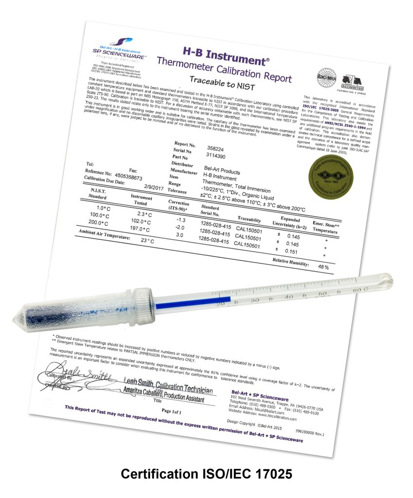 H-B DURAC® Plus Calibrated Dry Block/Incubator Liquid-in-Glass Thermometers; Partial Immersion, Organic Liquid Fill