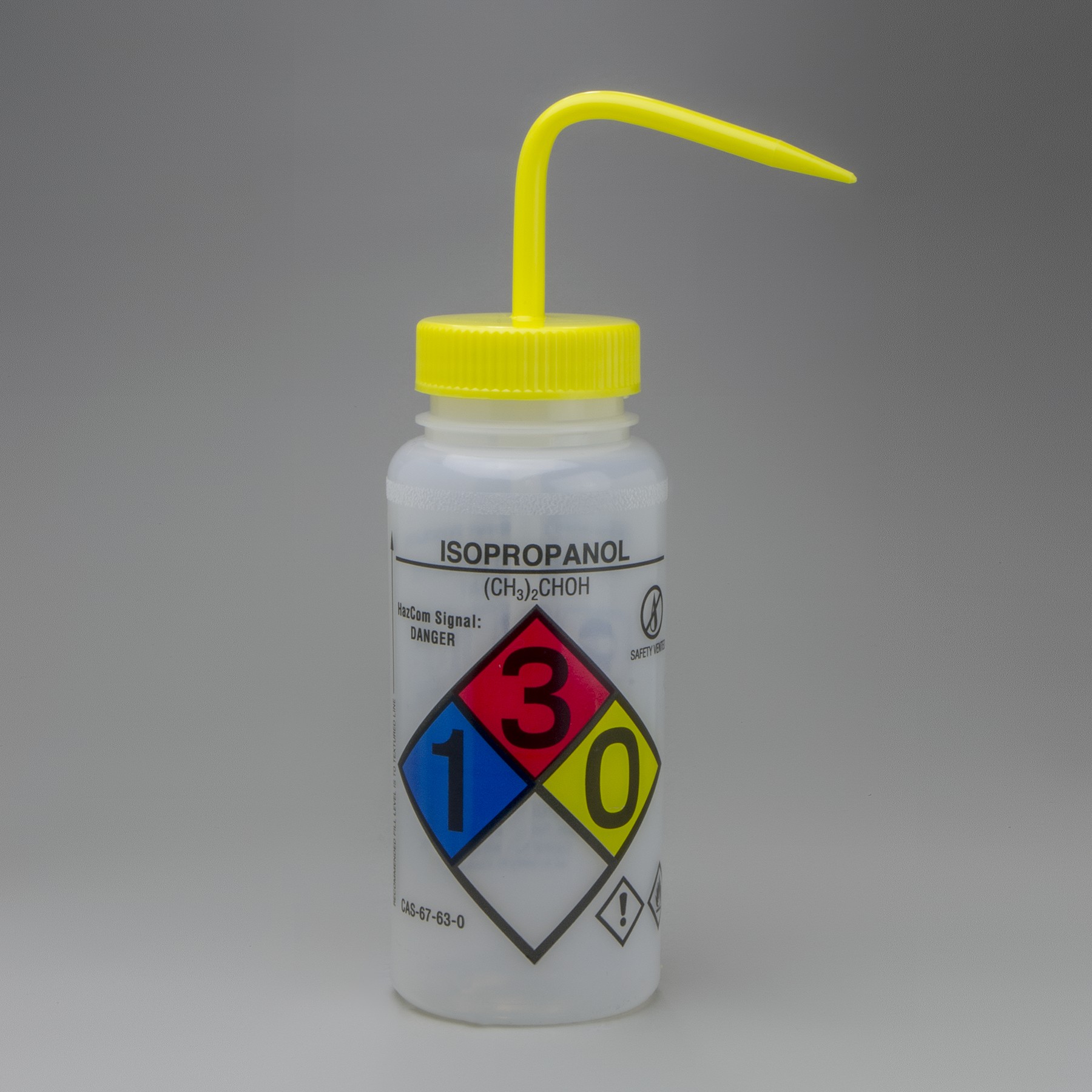 SP Bel-Art GHS Labeled Safety-Vented Isopropanol Wash Bottles; 500ml (16oz), Polyethylene w/Yellow Polypropylene Cap (Pack of 4)