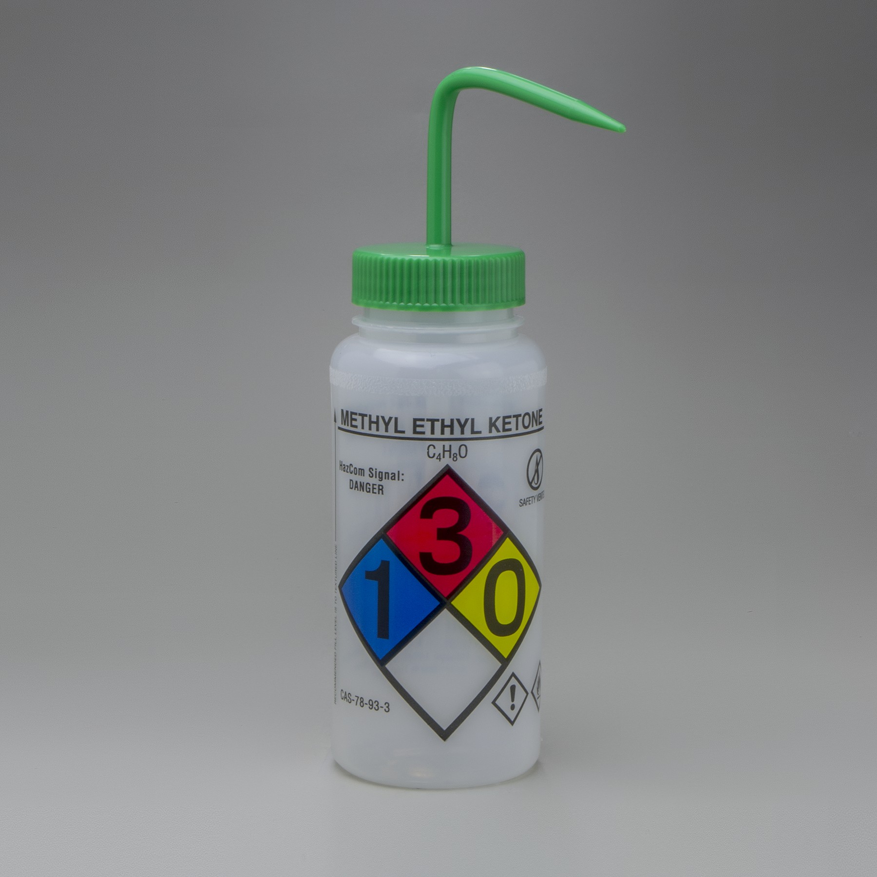 SP Bel-Art GHS Labeled Methyl Ethyl Ketone Wash Bottles; 500ml (16oz), Polyethylene w/Green Polypropylene Cap (Pack of 4)