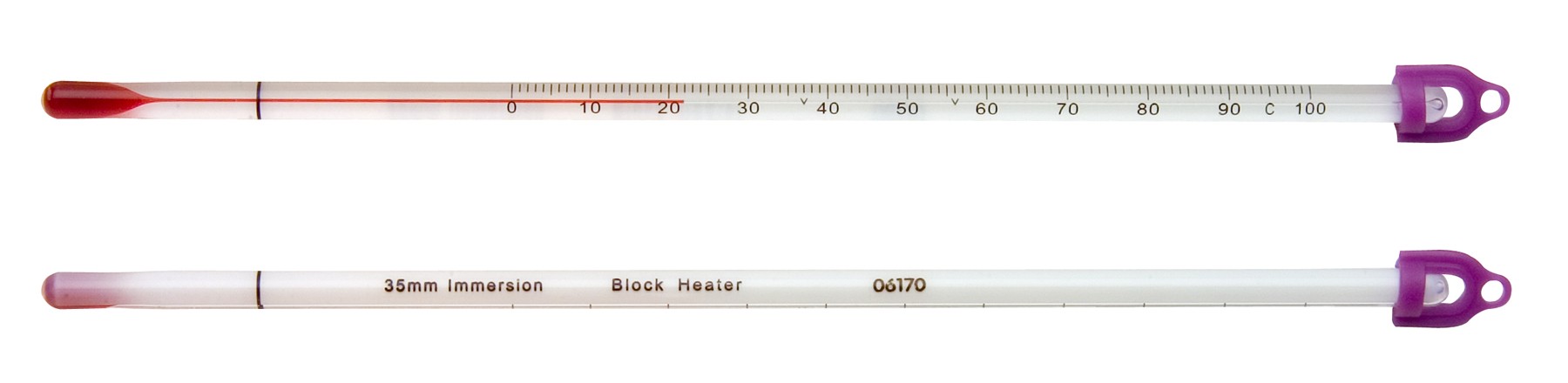 SP Bel-Art, H-B DURAC Dry Block/Incubator Liquid-In-Glass Thermometer; 0 to 70C, PFA Safety Coated, 150mm Immersion, Organic Liquid Fill