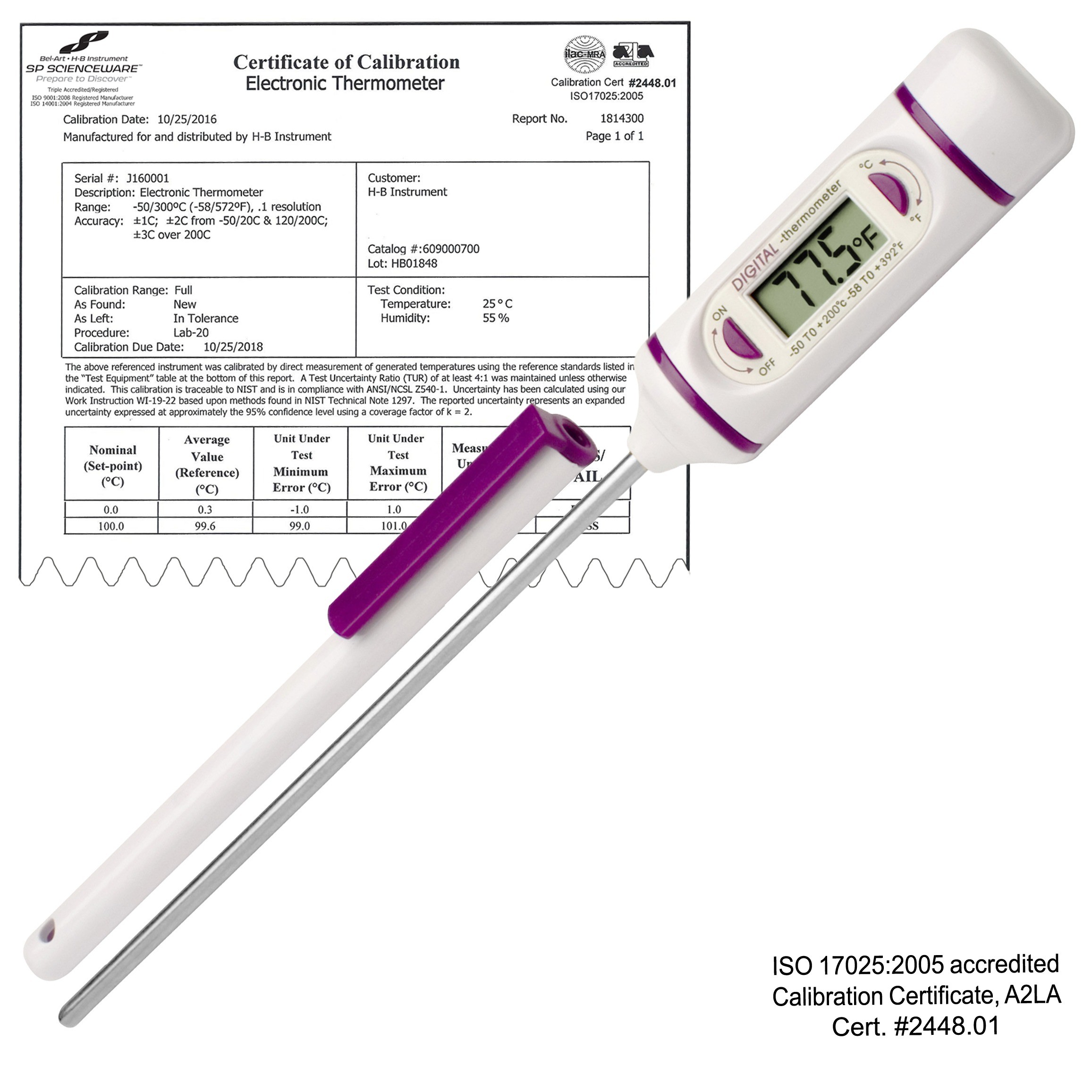 Traceable Calibrated High-Accuracy RTD General Purpose Digital Thermometer;  1 Stainless Steel Probe