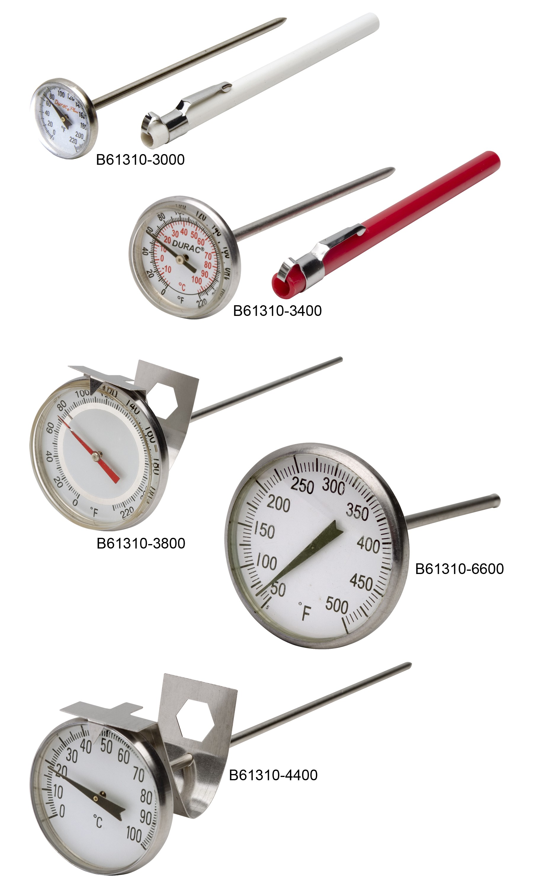 DuraChoice Industrial Bimetal Thermometer 3 Face x 6 Stem, 50-500 w/Calibration Dial